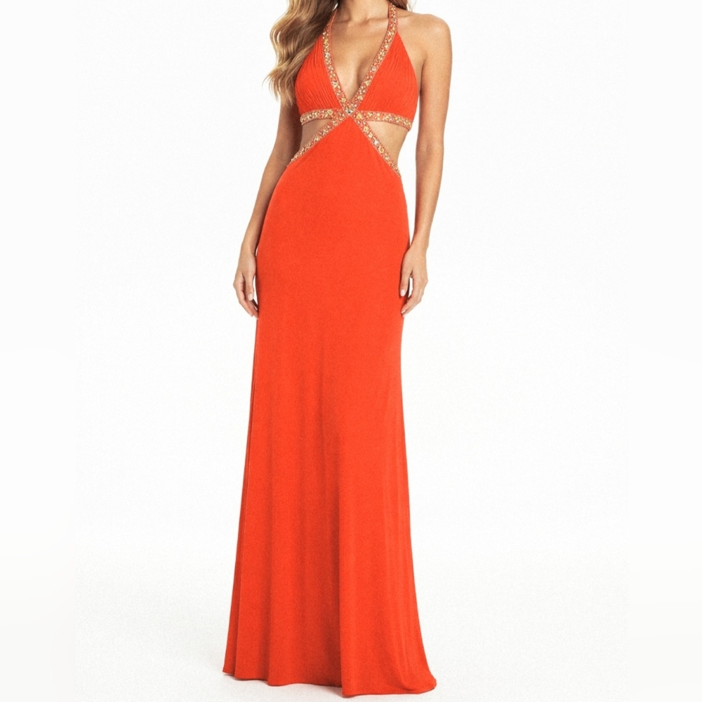 Aspeed Orange Floor-length Halter Neck Cut-out Side Dress